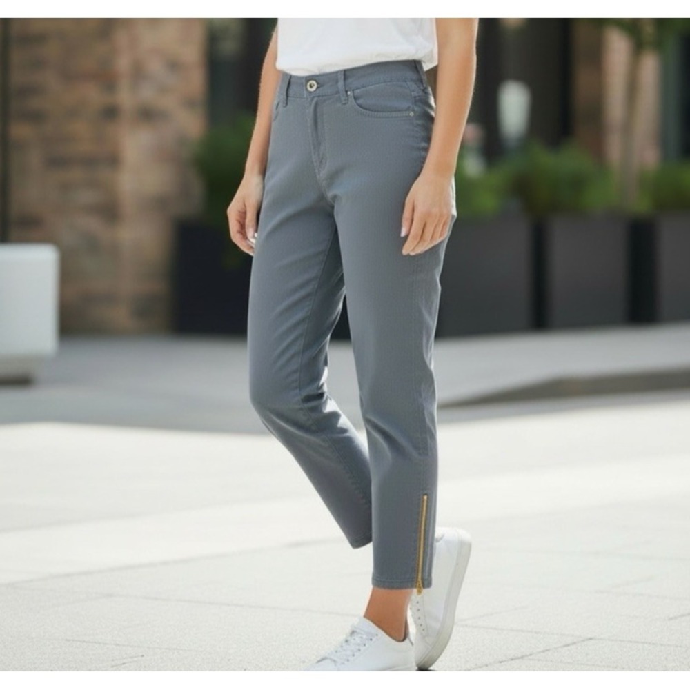 Norma Kamali Ankle Zip Jeans Size 10 (Fits 36x27) Gray Lightweight Stretch Denim